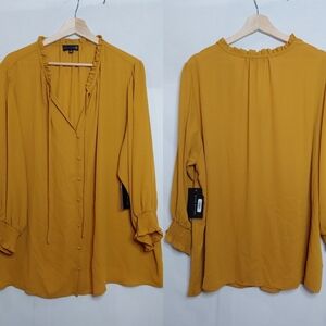 Ryan Wythe Split Neck Button Front Detail Ruffle SmocMustard Blouse Top 2X‎  New